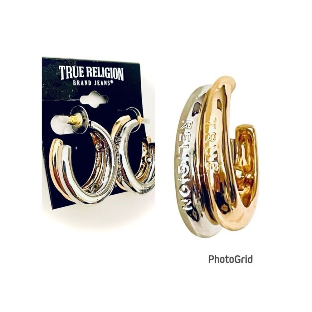 NWT Gorgeous TRUE RELIGION Signature 2 Tone Gold Silver Tone Hoops Earrings.